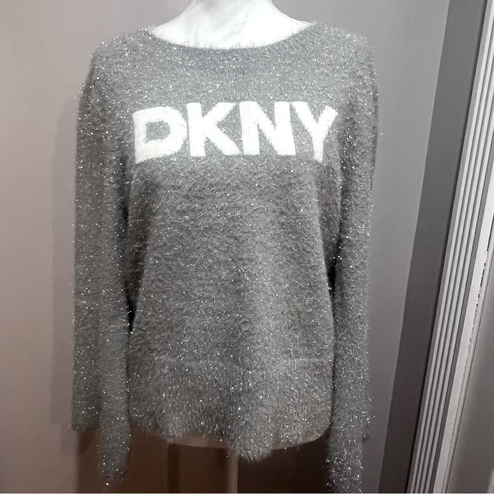 NWT DKNY Women's Metallic Sweater size large gray with bell sleeves